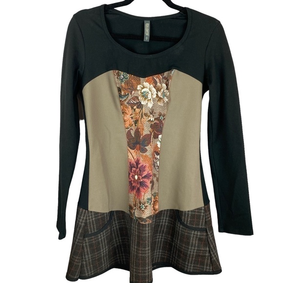 Kollontai Marly Floral Plaid Mixed Print Long Sleeve Tunic Top Medium Black Tan - Picture 2 of 9